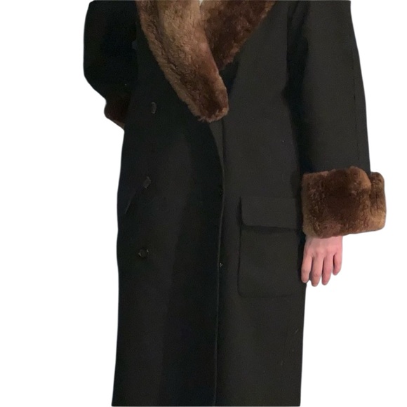 Vintage 80s Bill Blass Black Wool Slouch Brown Fur Shawl Collar Cuffs 8 Large XL - Picture 4 of 12